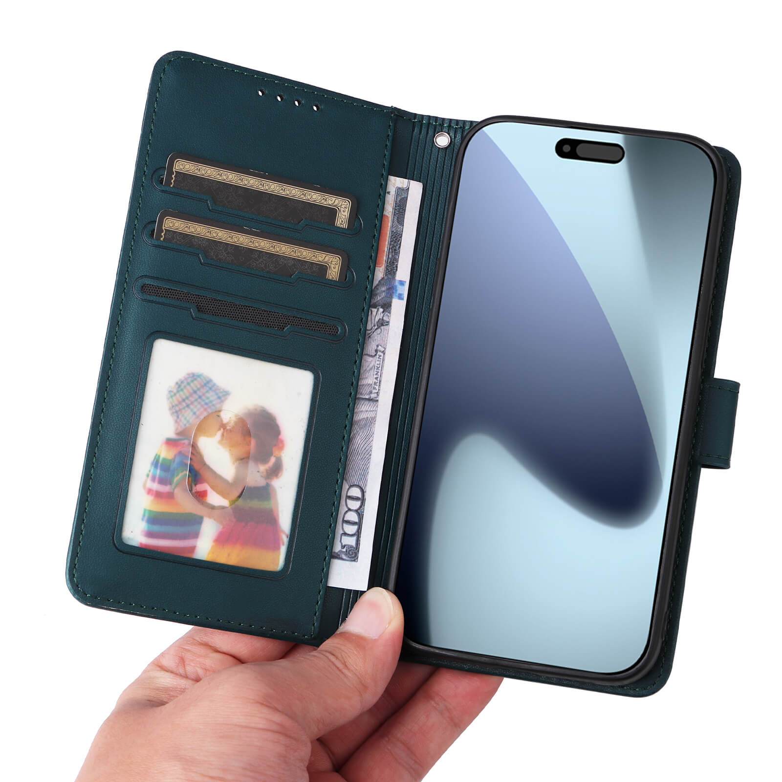 Eine Hand hält eine geöffnete Cover-Discount iPhone 17 Pro Teilbare Brieftasche 2-in-1 Handyhülle, in der sich Karten, Bargeld und ein Foto von zwei Kindern befinden.