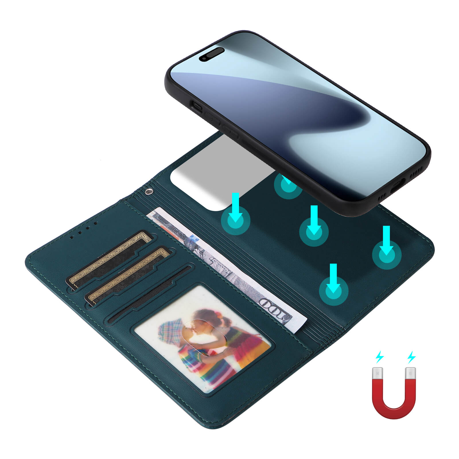 Die Cover-Discount iPhone 17 Pro Teilbare Brieftasche 2-in-1 Handyhülle besteht aus einer abnehmbaren magnetischen Hülle und einer blauen Brieftasche mit Kartenfächern und transparentem Foto-ID-Fenster.