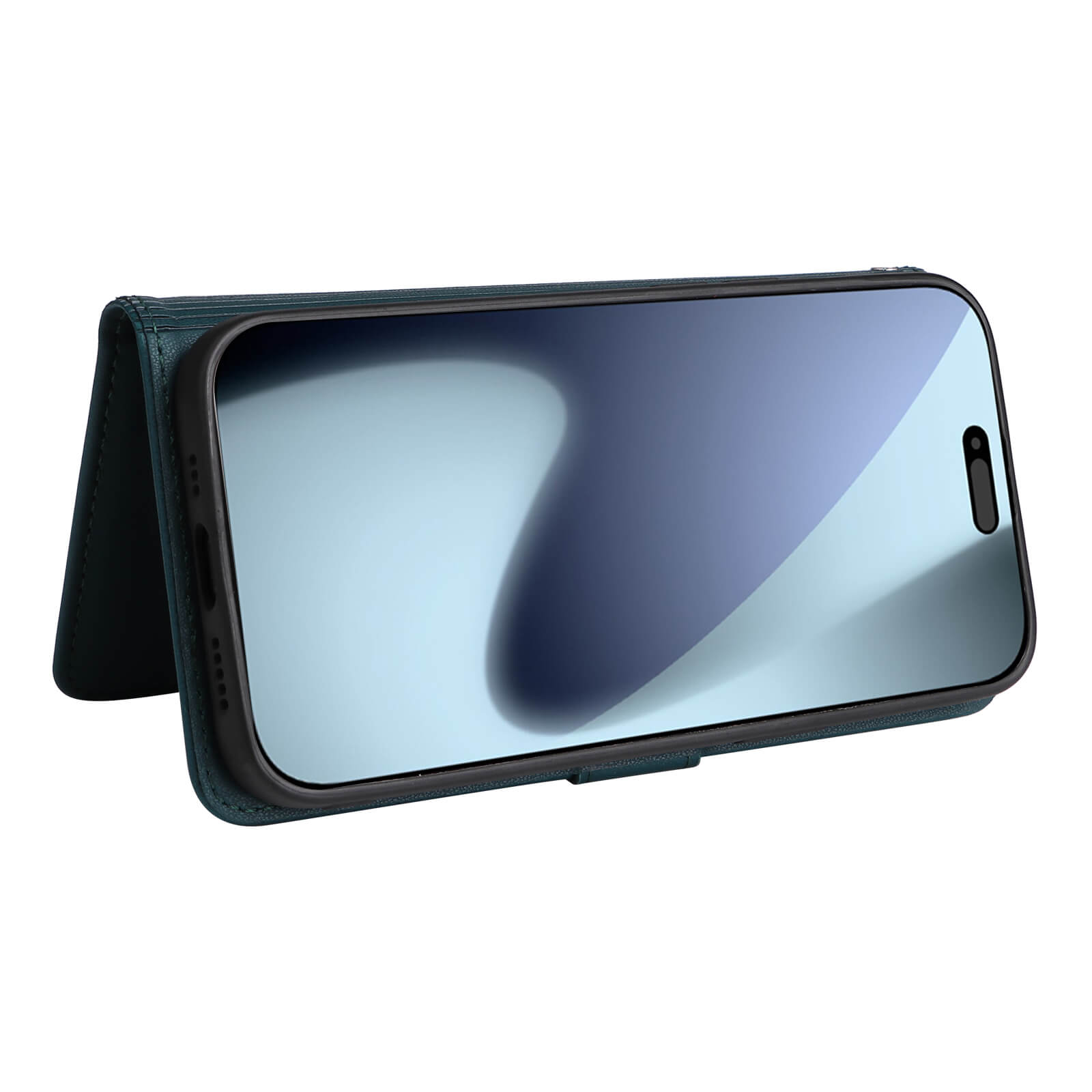 Ein iPhone 17 Pro in einer tealfarbenen Cover-Discount Teilbare Brieftasche 2-in-1 Handyhülle wird horizontal zur Ansicht dargestellt.