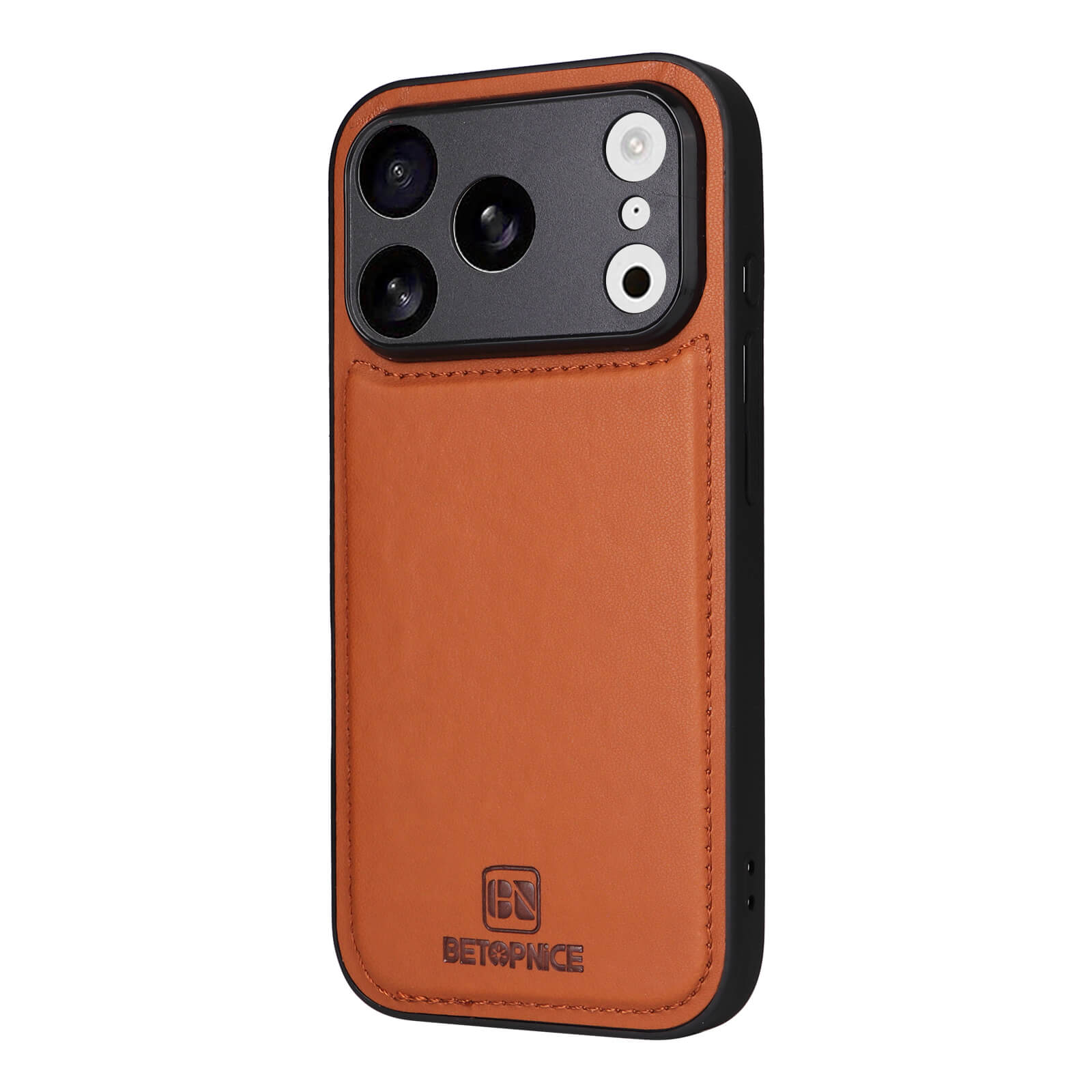 Smartphone-Hülle aus braunem Leder mit schwarzem Rand, Aussparungen für Dreifach-Kamera und BETOPNICE-Logo.