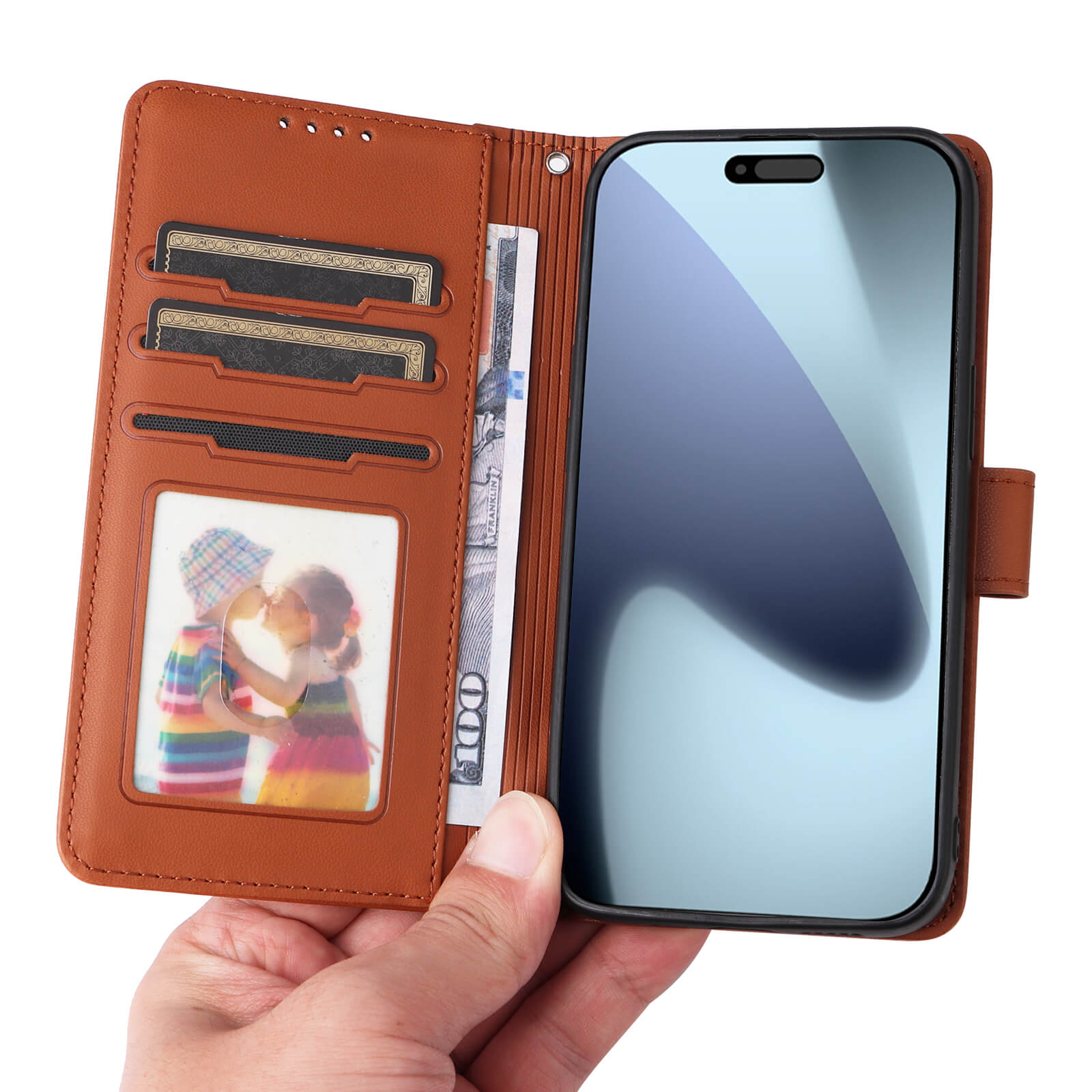 Hochwertige braune Leder-Wallet-Hülle mit Smartphone, Kartenfächern, Kinderfoto und 100-Dollar-Schein