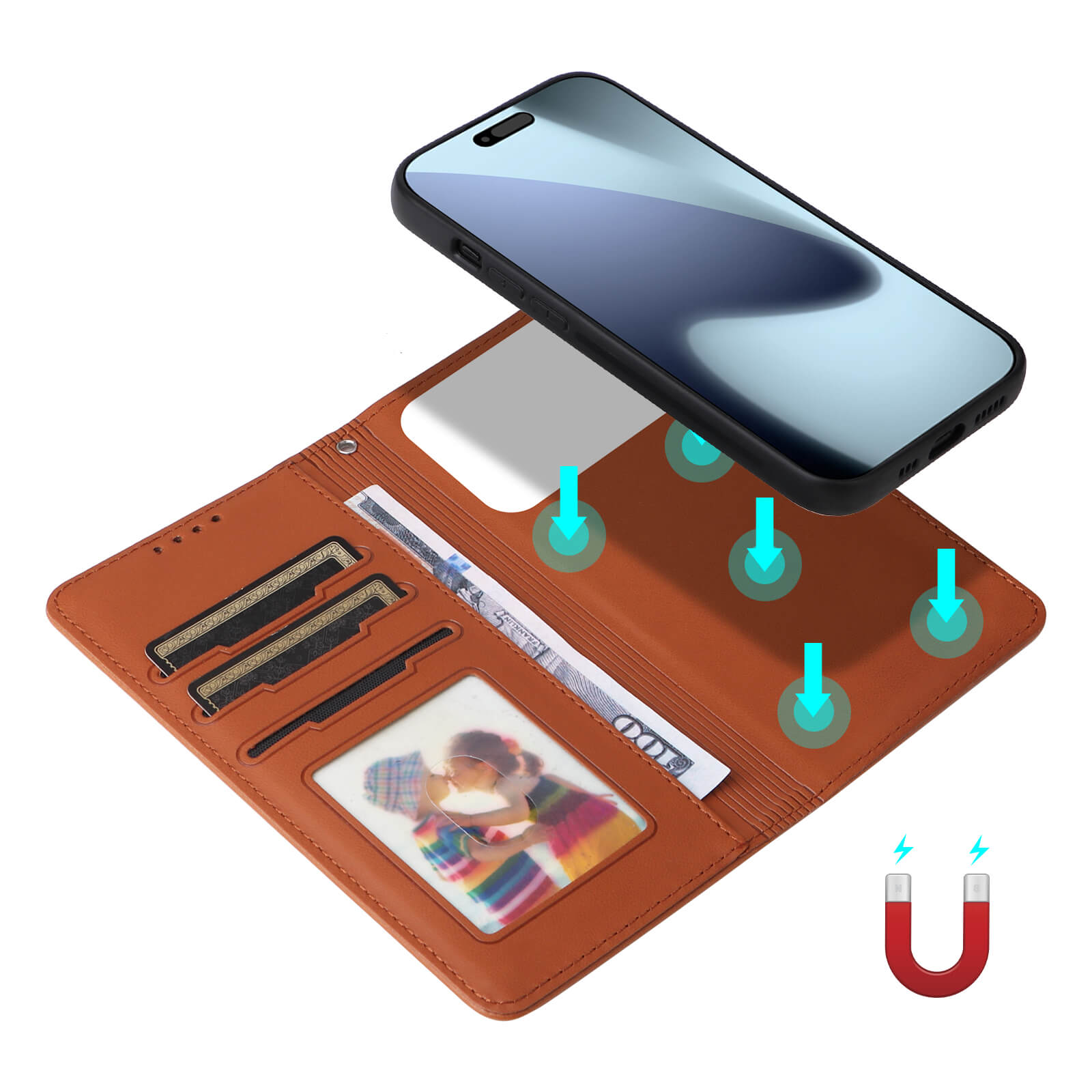 Offene braune Ledergeldbörse-Handyhülle mit Kartenfächern, Smartphone-Ladefunktion und Sichtfach mit Foto-ID.
