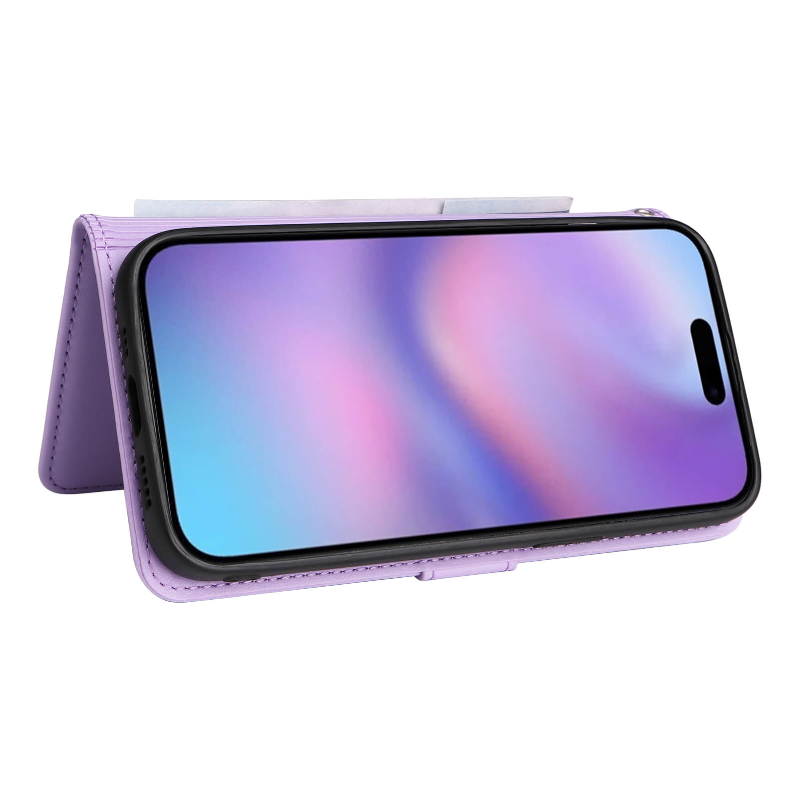 Modernes Smartphone in einem hellvioletten Leder-Wallet-Case mit schwarzem Rahmen und Aufstellerfunktion.