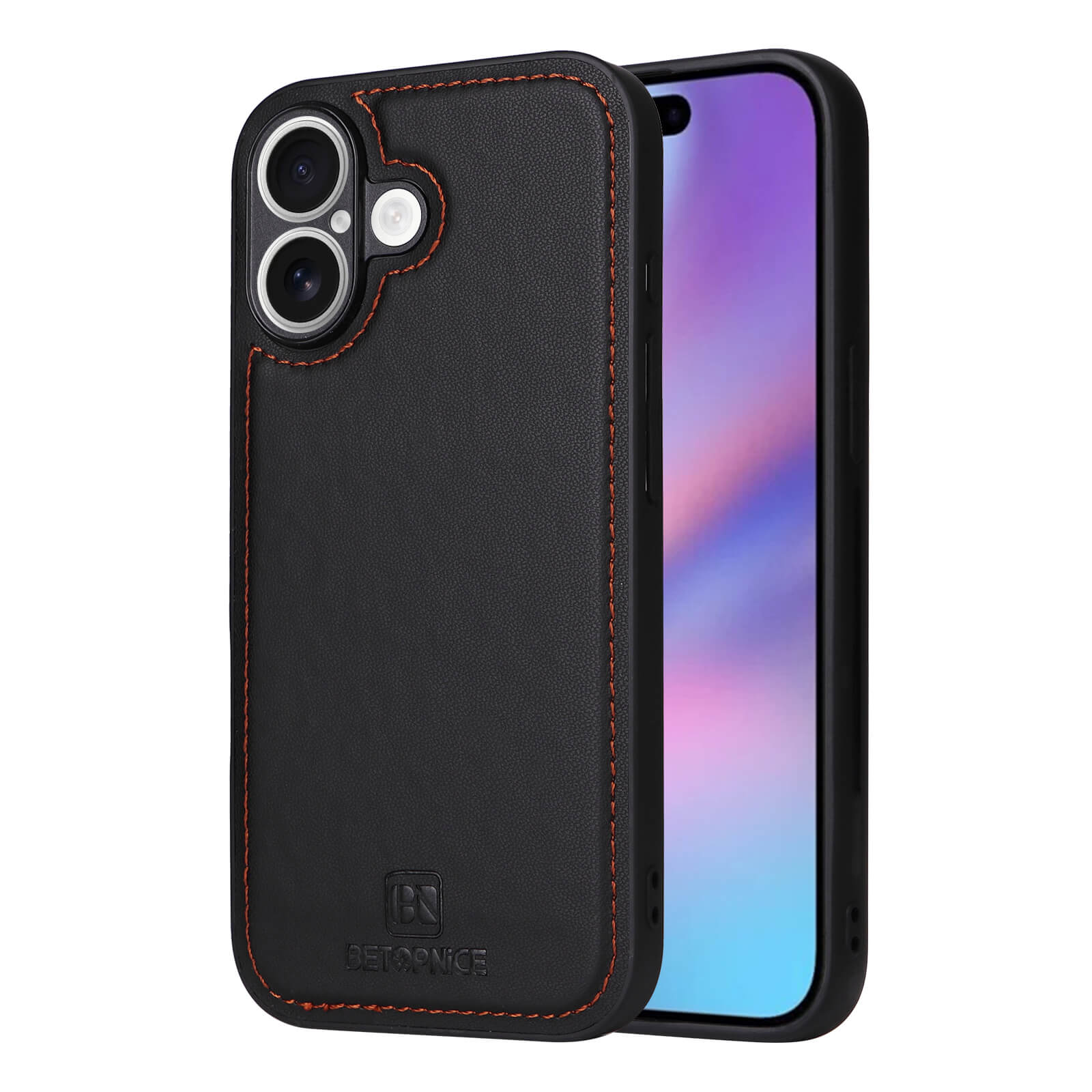 Schwarze Leder-Handyhülle mit orangefarbenen Nähten und BETOPNICE-Logo, idealer Schutz für Smartphones.