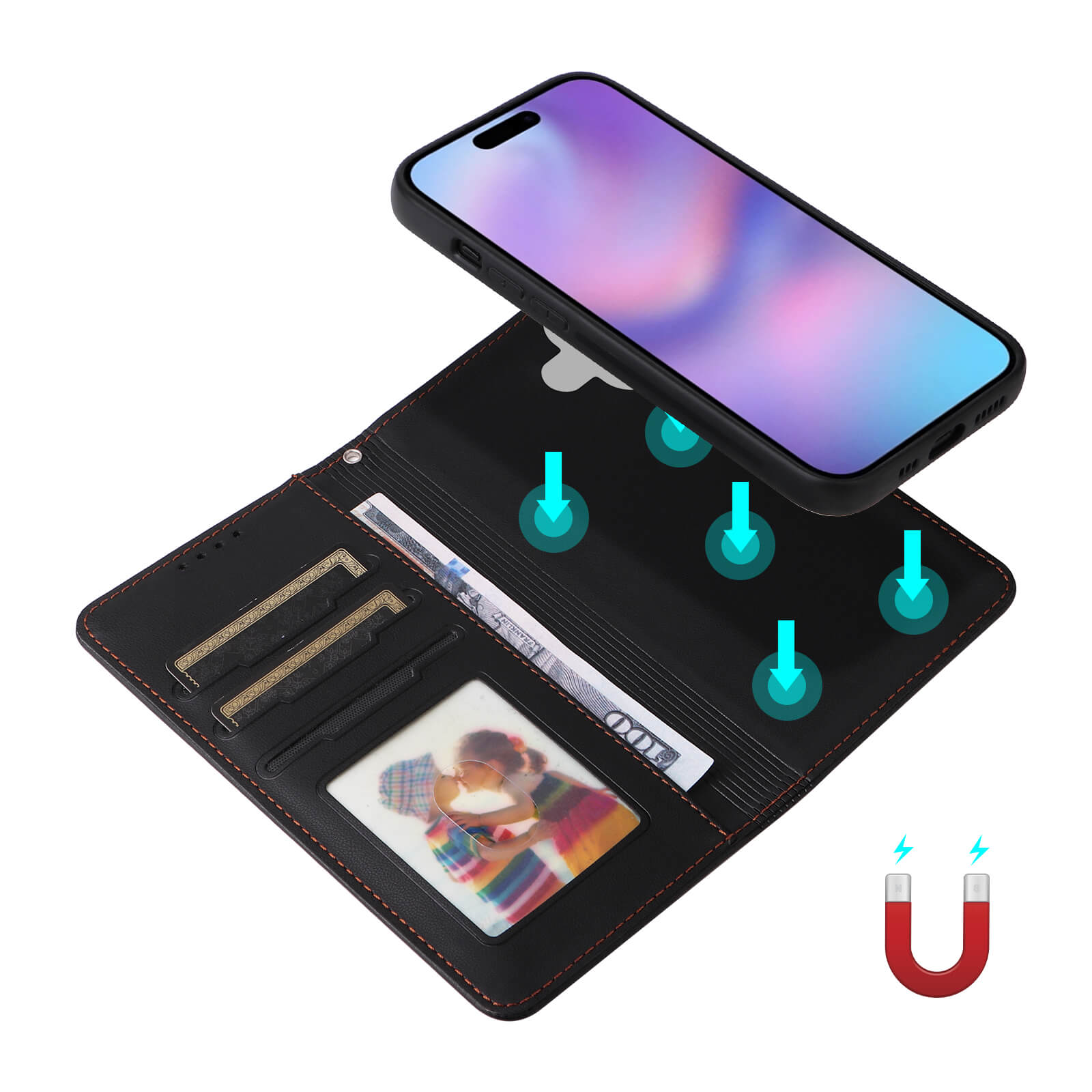 Smartphone mit buntem Bildschirm, magnetisch verbunden mit schwarzer Lederhülle mit orangefarbenen Nähten und Kartenfächern