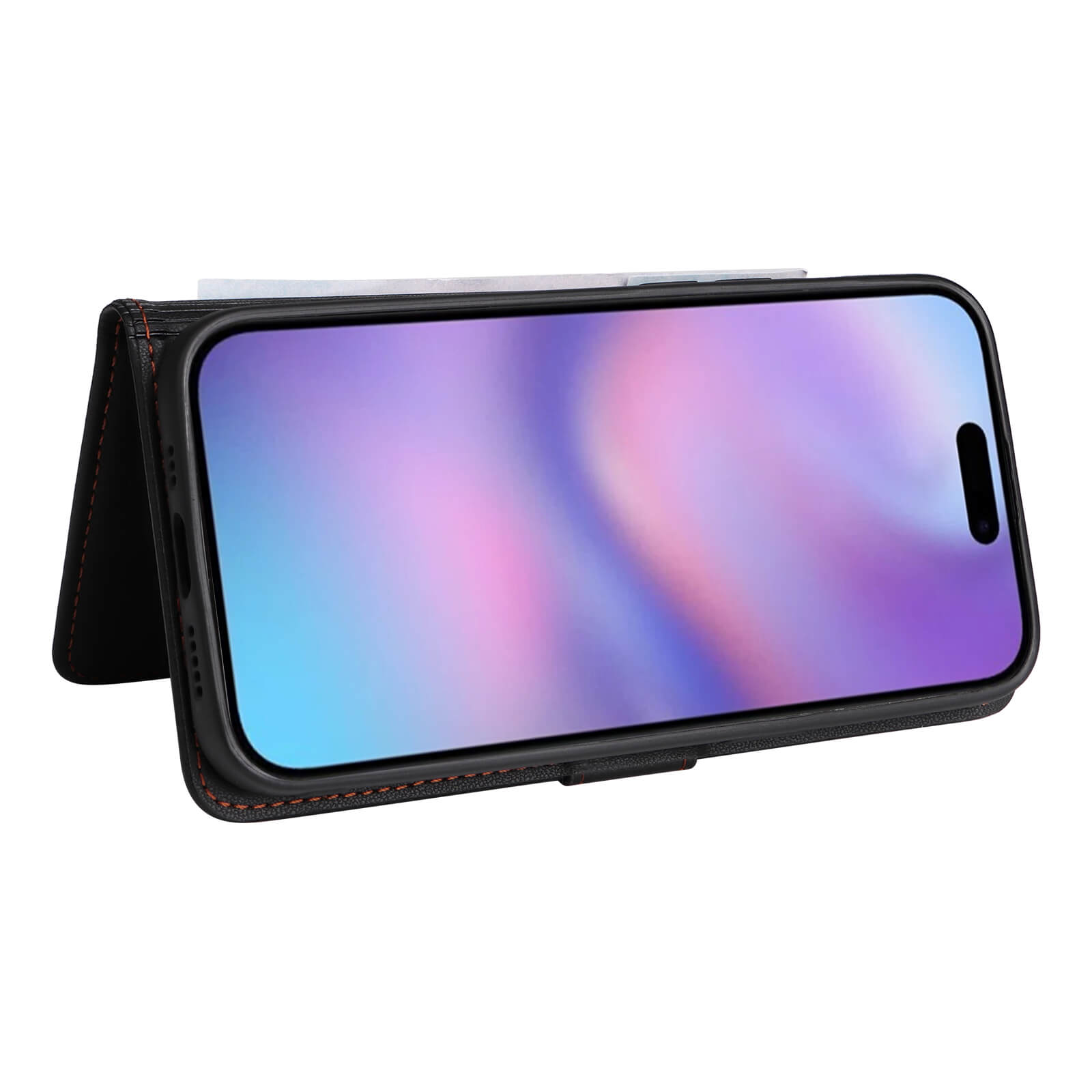 Ein iPhone 17 in einer schwarzen Cover-Discount Teilbare Brieftasche 2-in-1 Handyhülle mit Ständer, die einen bunten Farbverlauf auf dem Bildschirm zeigt.