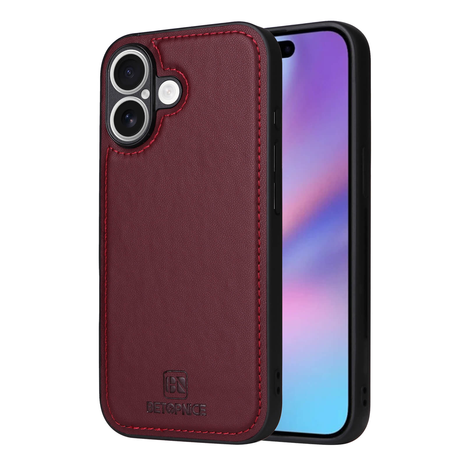Rote Lederhülle mit BETOPNICE-Prägung und feiner Naht auf modernem Smartphone mit Farbverlauf-Display.