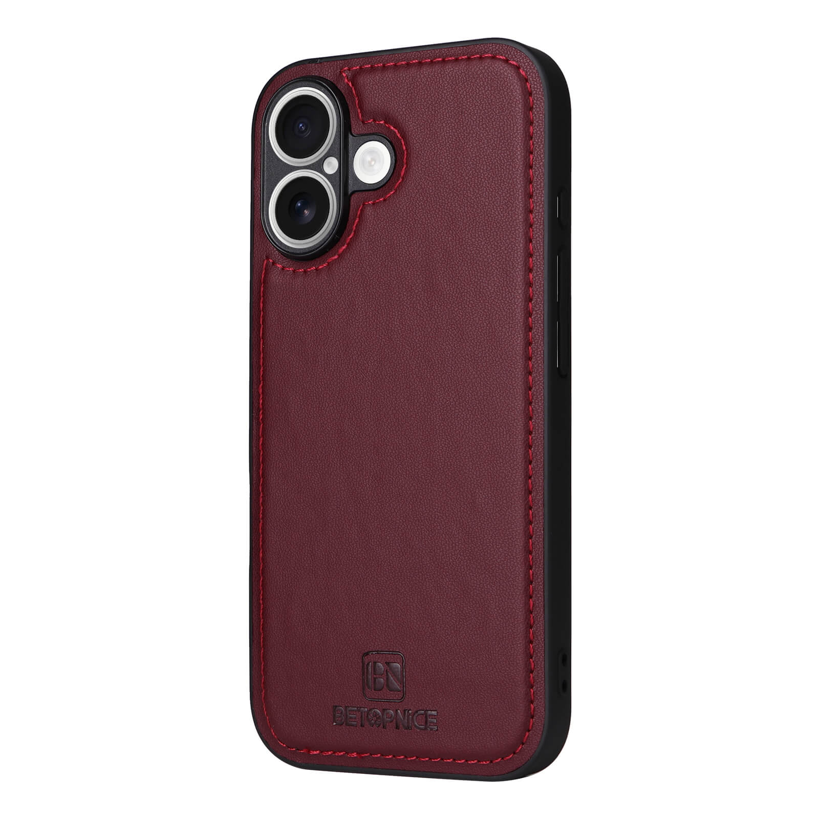Marionrote Leder-Handyhülle mit roter Naht, geeignet für Smartphone mit Dual-Kamera, BETOPNICE Logo.