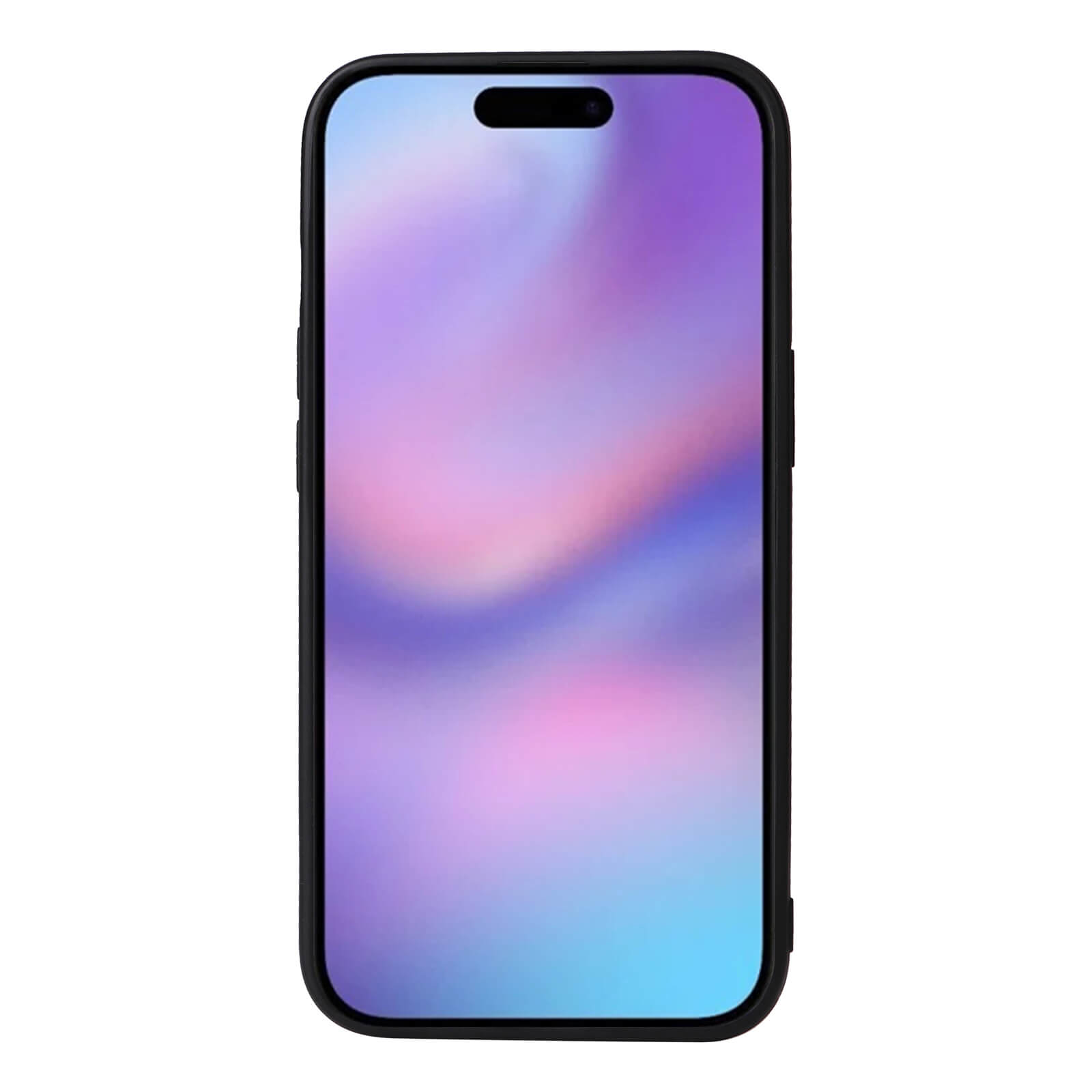 Modernes Smartphone mit schwarzem Rahmen, Bildschirm mit Farbverlauf von Blau zu Lila und Pink