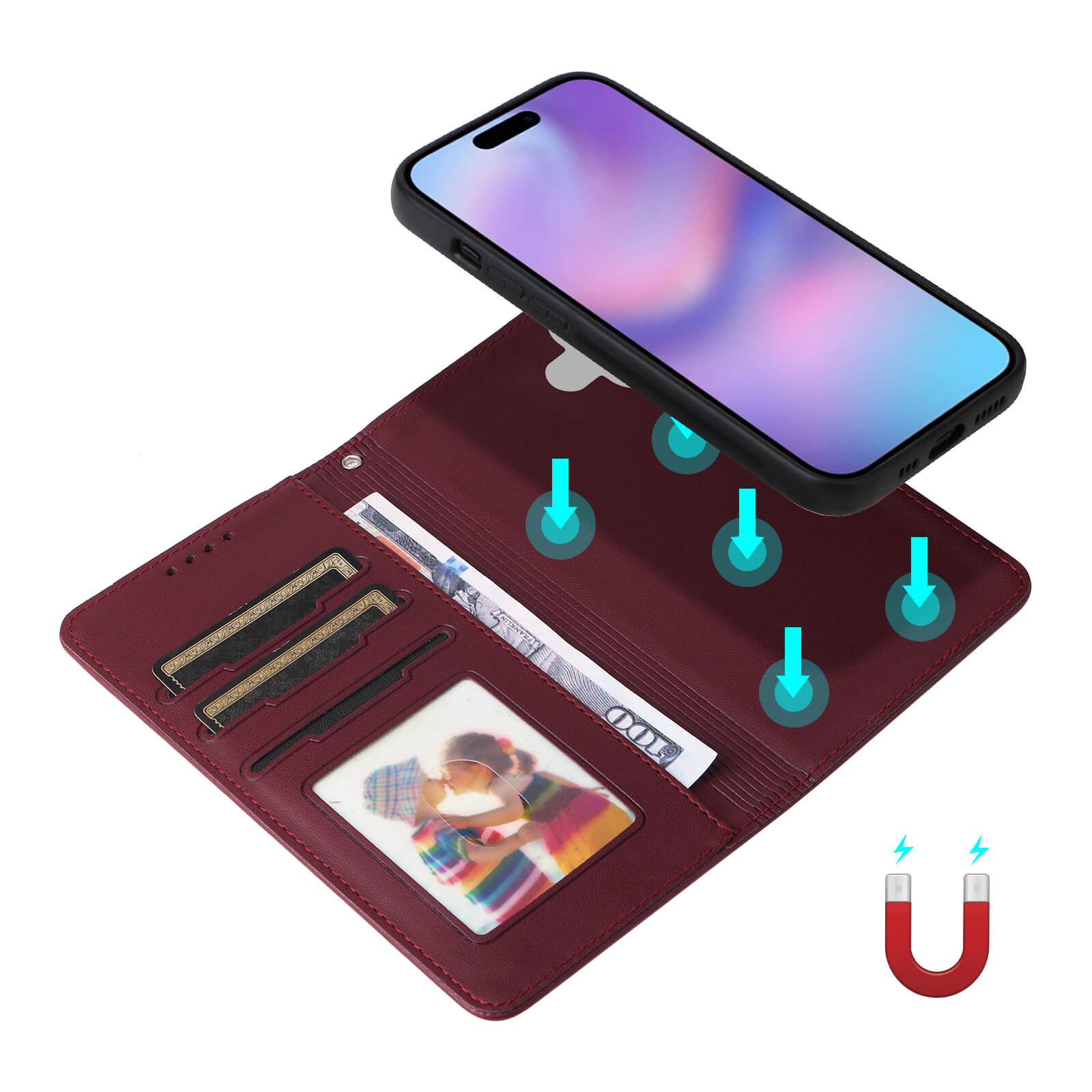 Die Cover-Discount iPhone 17 - Teilbare Brieftasche 2-in-1 Handyhülle bietet Kartenfächer und ein magnetisches, abnehmbares Cover, illustriert mit blauen Pfeilen und einem Magnet-Symbol.