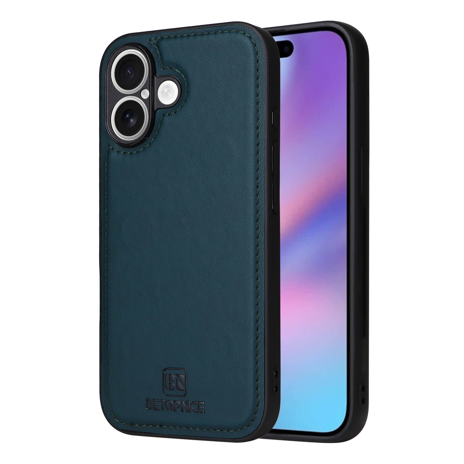 Elegante dunkelgrüne Lederhülle mit präziser Kameraöffnung und BETOPNICE-Logo für moderne Smartphones.