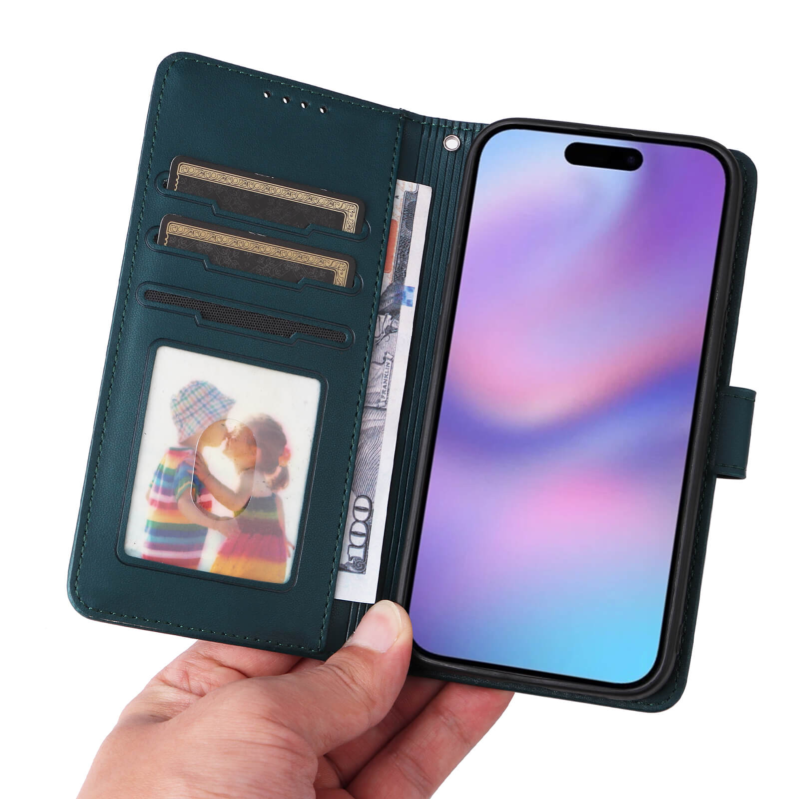 Dunkelgrüne Leder-Handyhülle mit Kartenfächern, Foto und 100-Dollar-Schein im Sichtfenster, Smartphone sichtbar