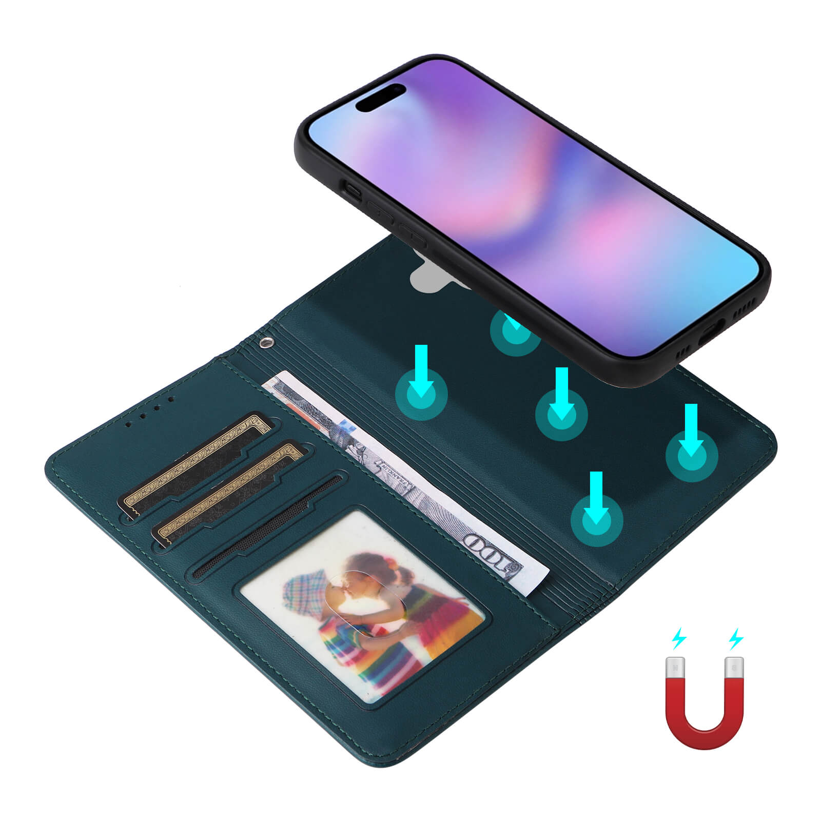 Geöffnetes türkisfarbenes Lederetui mit Kartenfächern, Fotoausweis und 100-Dollar-Schein. Darüber ein Smartphone mit schwarzer Hülle zur kabellosen Aufladung.