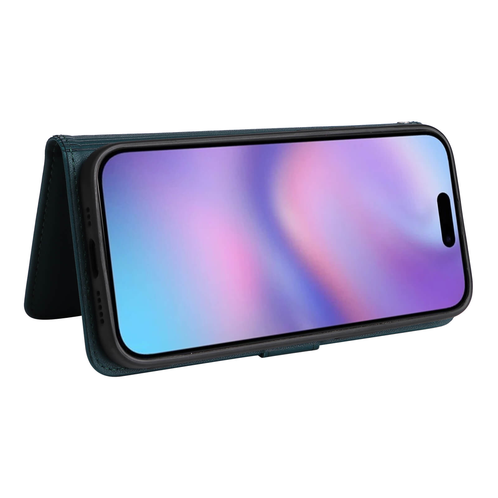 Smartphone mit großem Display in dunkler, klappbarer Schutzhülle als Ständer vor weißem Hintergrund