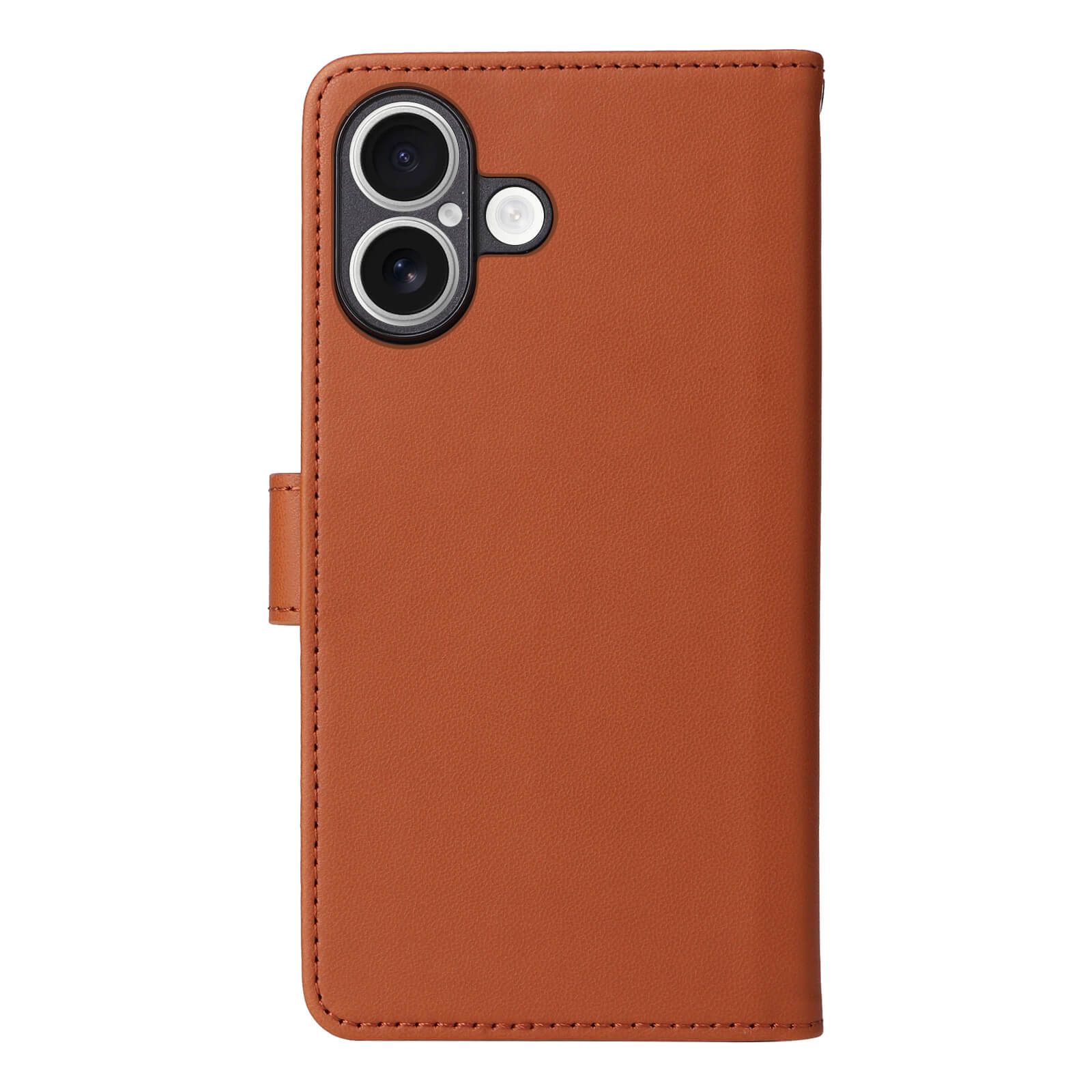Smartphone in braunem Leder-Klappetui mit Doppelkamera und präziser Naht für stilvollen Schutz