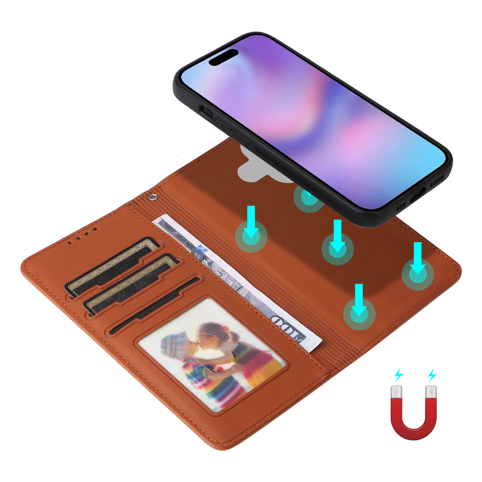 Braunes Lederportemonnaie mit Kreditkarten, Geldschein und Kinderfoto, daneben ein Smartphone mit Farbverlauf und Magnetik-Symbol.