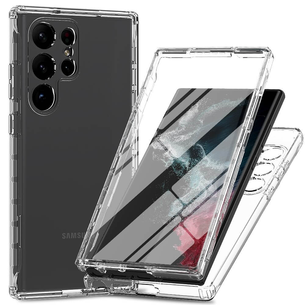 Die Cover-Discount Galaxy S23 Ultra - Full Protection Schutzhülle Transparent bietet stoßfesten Silikon-Bumper, zeigt Vorder- und Rückseite, schützt zuverlässig und ist kompatibel mit kabellosem Laden.