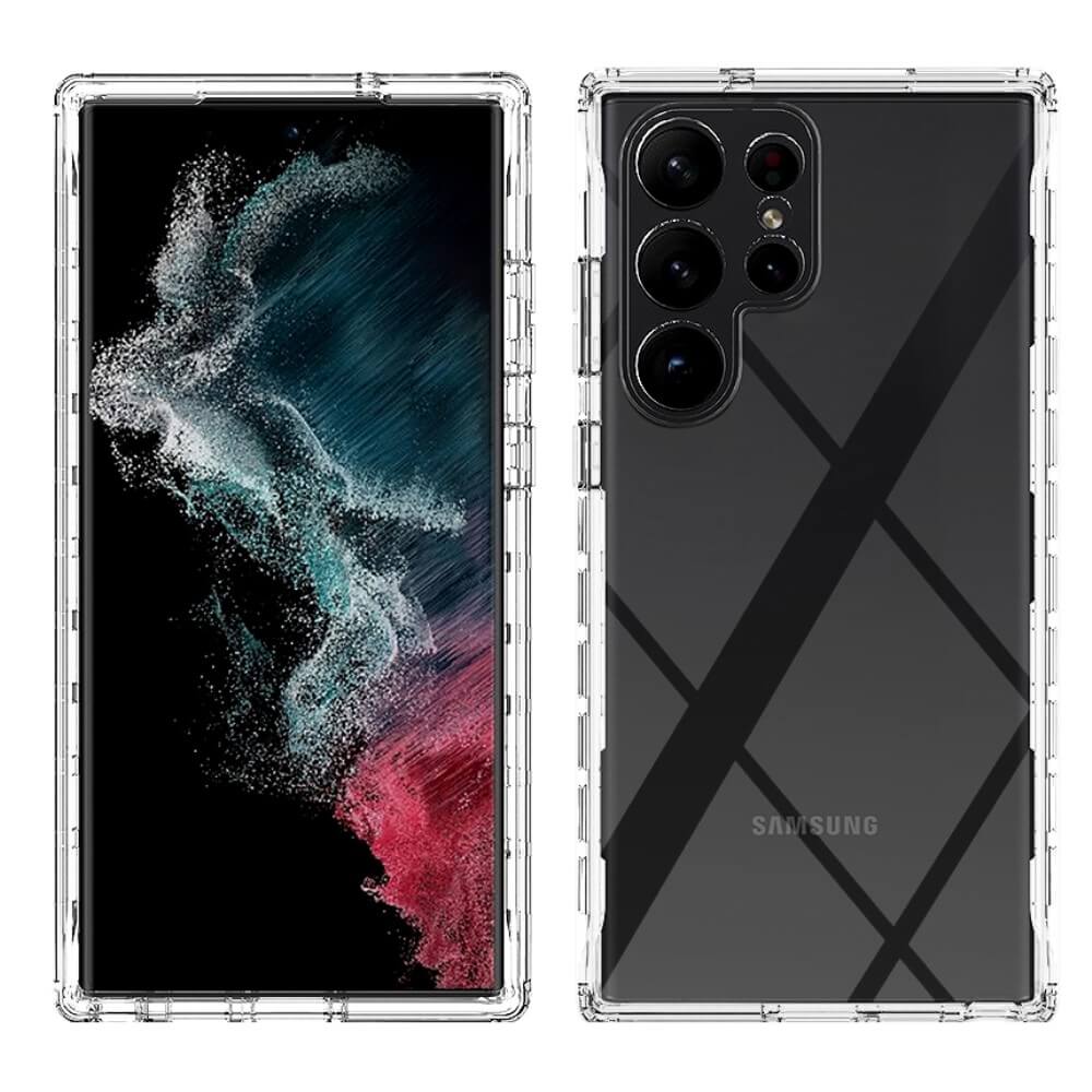 Das Galaxy S23 Ultra in der Cover-Discount Full Protection Schutzhülle Transparent, stoßfest und klar, von vorne und hinten auf weißem Hintergrund gezeigt – kabelloses Laden wird unterstützt.