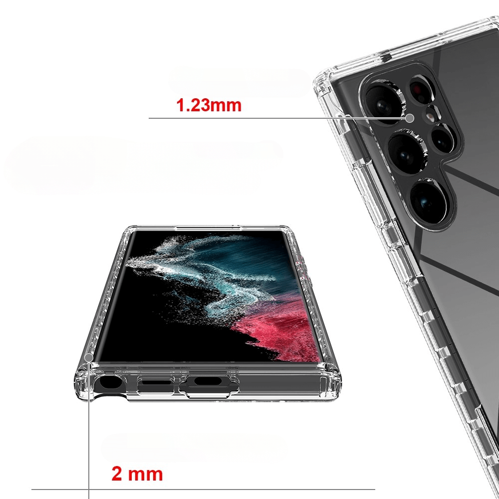 Das Cover-Discount Galaxy S23 Ultra – Full Protection Schutzhülle Transparent ist auf einem Smartphone abgebildet und verfügt über einen stoßfesten Silikon-Bumper und erhöhte Kanten von 1,23 mm und 2 mm für zusätzlichen Schutz.
