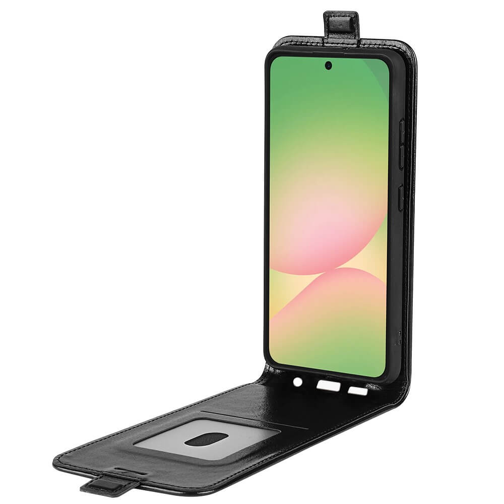 Das Galaxy A57 - Klassisches Flip Case vertikal von Cover-Discount: Stehende, geöffnete Hülle mit buntem Display und sichtbarem Kartenfach - idealer Schutz für Ihr Smartphone.