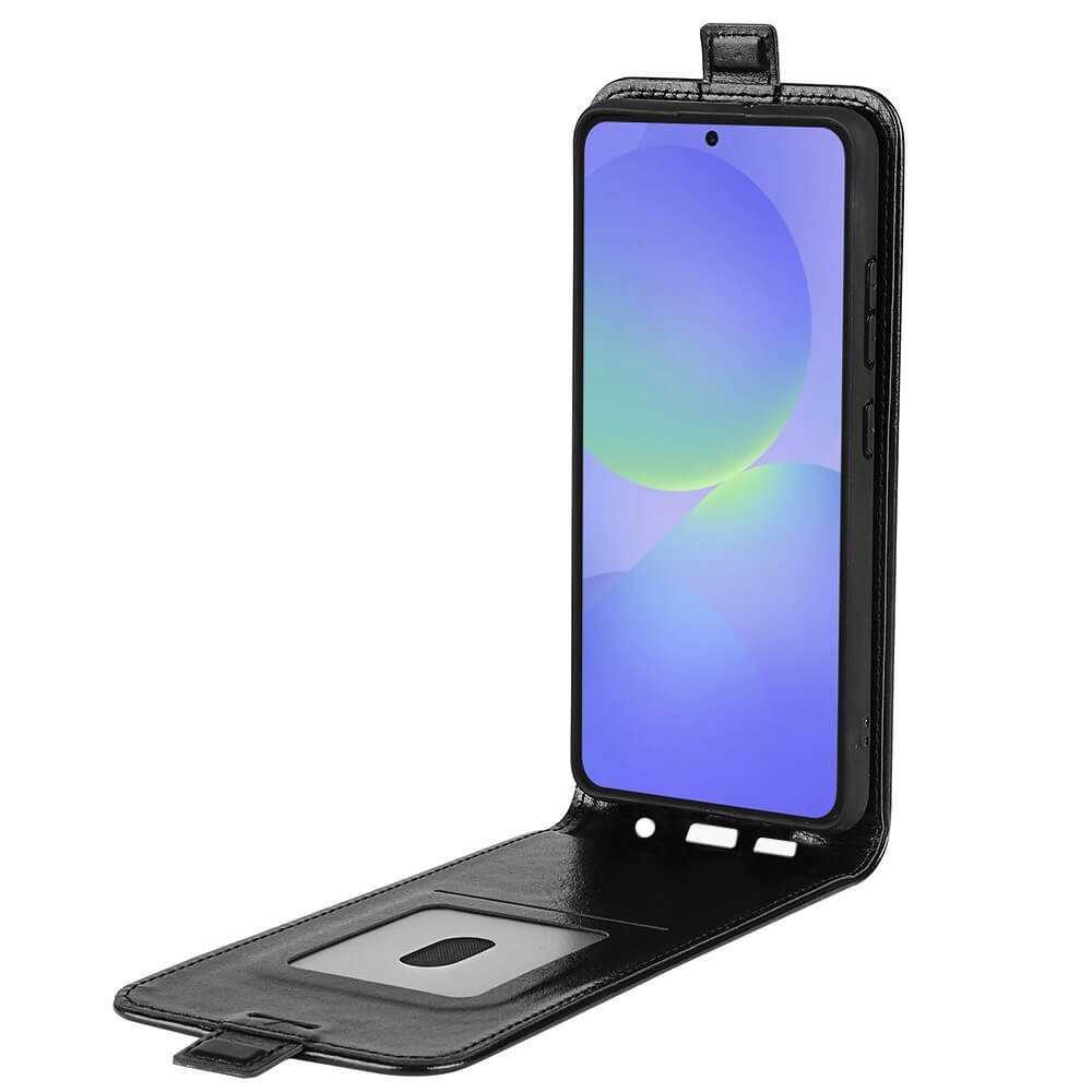 Das Cover-Discount Galaxy A37 Klassisches Flip Case vertikal ist eine schwarze Kunstlederhülle mit Kartenfach und Kameraausschnitt.