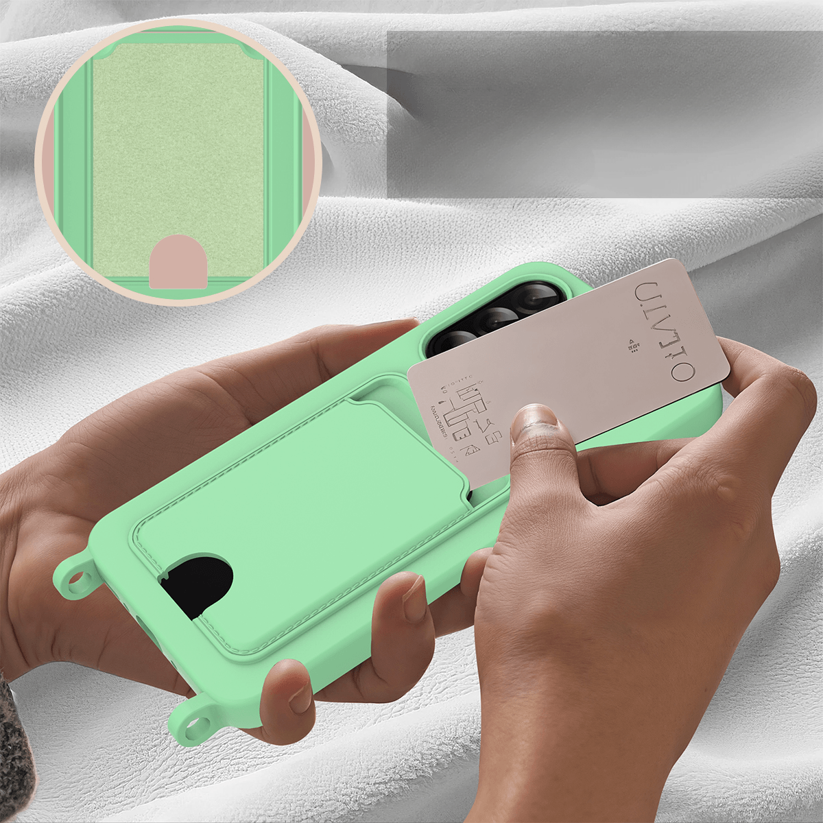 Galaxy A57 - Custodia in silicone liquido con portacarte e laccetto