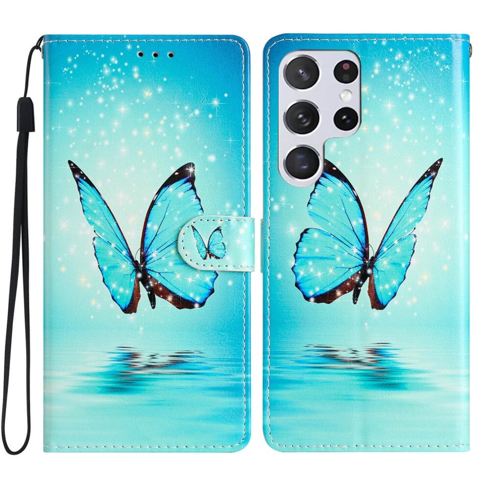Galaxy S24 Ultra - Leder Etui Hülle Schmetterling blau