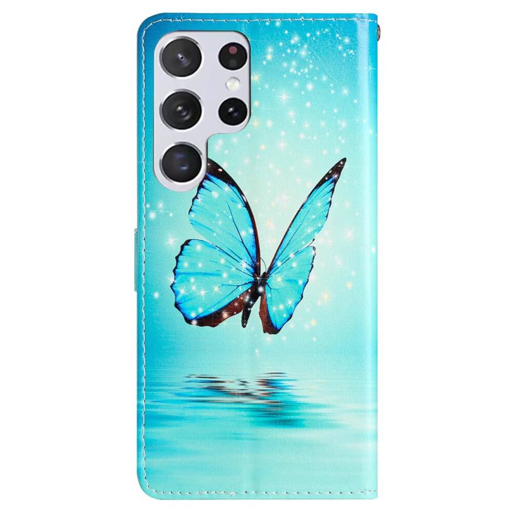 Galaxy S24 Ultra - Leder Etui Hülle Schmetterling blau