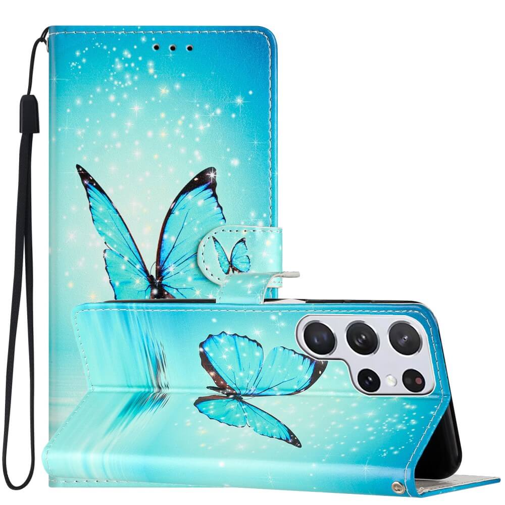 Galaxy S24 Ultra - Leder Etui Hülle Schmetterling blau