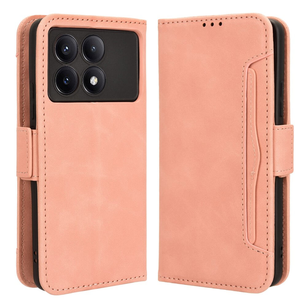 Das Cover-Discount Xiaomi Poco F6 Pro Etui aus rosa Leder verfügt über mehrere Kartenfächer, eine Kameraaussparung und ein schlankes Design; zur Detailansicht geöffnet und geschlossen abgebildet.