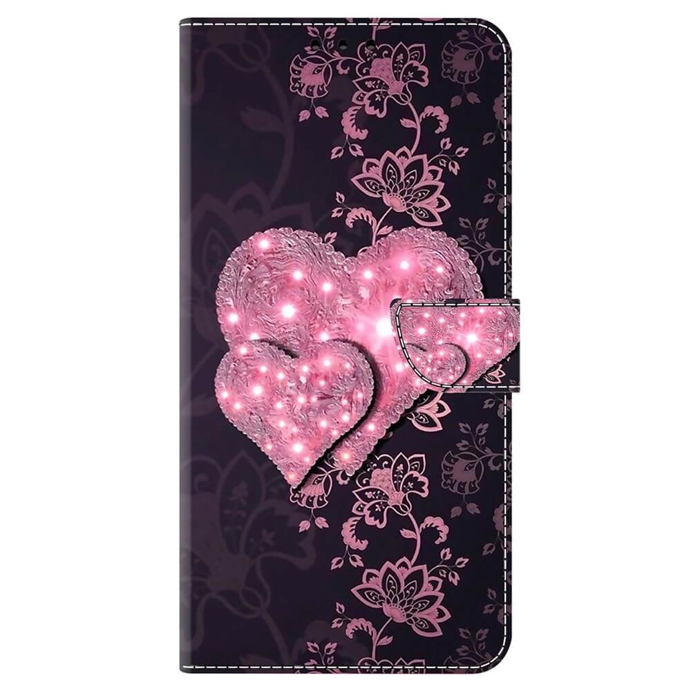 #farbe_herzen|Cover-Discount Galaxy A35 - 3D-Effekt Hülle Etui: Elegantes Lederetui mit zwei funkelnden pinken Herzen und floralen Mustern auf dunklem Hintergrund.
