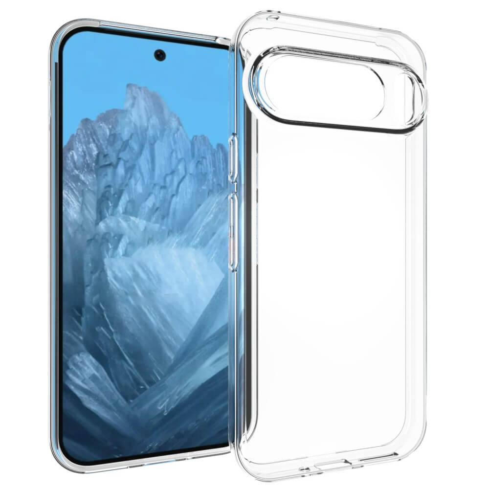 Das transparente Silikon-Gummi-Case von Cover-Discount für das Google Pixel 9 / 9 Pro mit Antifingerprint-Schutz ist neben einem Smartphone mit blauem Berg-Hintergrundbild abgebildet – ideal als Schutzhülle für Ihr Google Pixel 9.