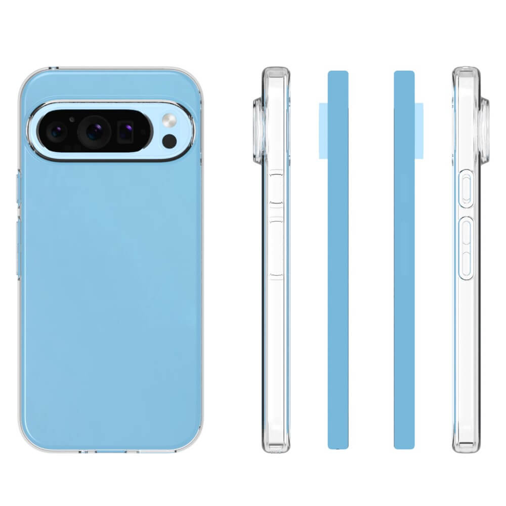Das transparente Silikon-Gummi-Case von Cover-Discount für Google Pixel 9/9 Pro, dargestellt in Hellblau mit einer Anti-Fingerabdruck-Rückseite, zeigt Rück-, Seiten- und Vorderansicht vor weißem Hintergrund.