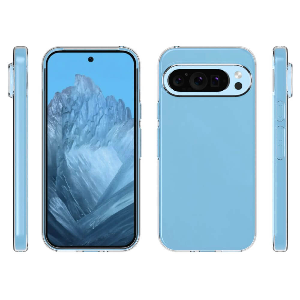 Auf weißem Hintergrund wird ein Google Pixel 9 von allen Seiten dargestellt, geschützt durch ein transparentes Silikon Gummi Case von Cover-Discount.