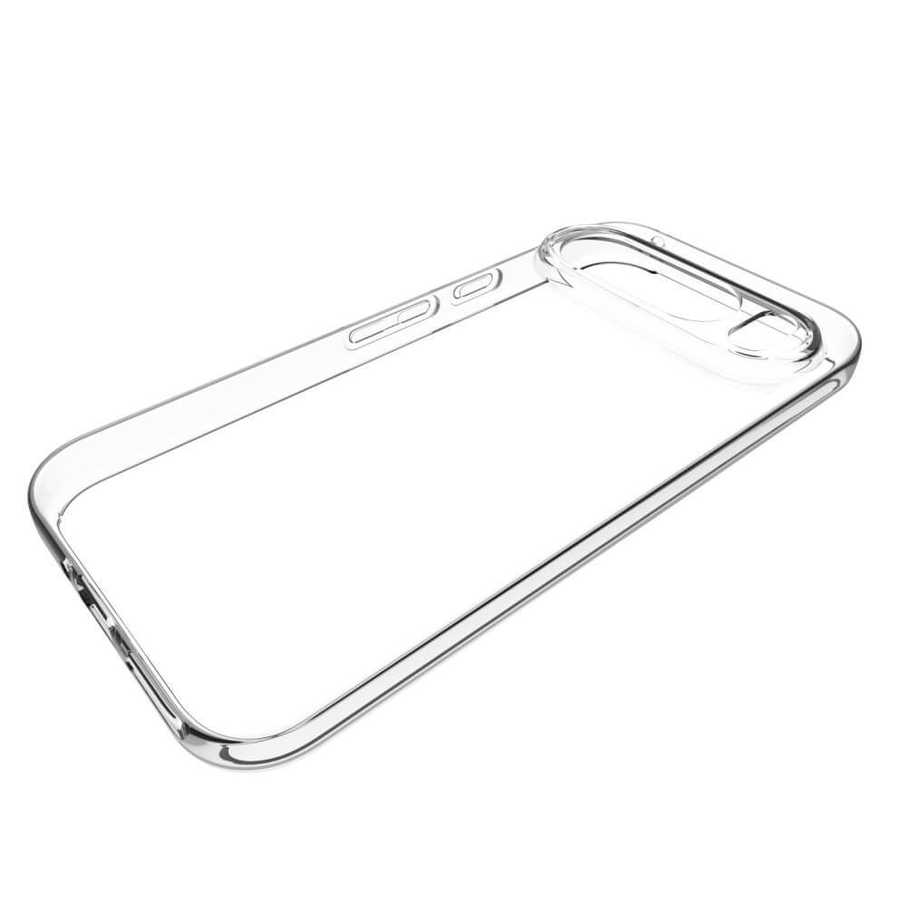 Das Cover-Discount Google Pixel 9 Pro XL – Silikon Gummi Case transparent bietet präzise Aussparungen für Tasten und Kamera, Antifingerprint-Schutz und ist auf weißem Hintergrund abgebildet.