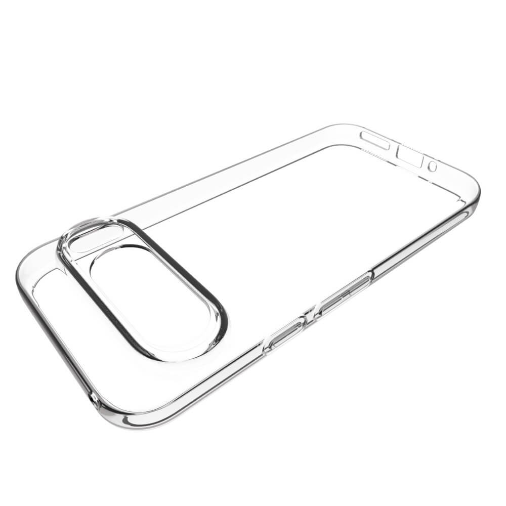 Cover-Discount Google Pixel 9 Pro XL – transparentes Silikongummi-Case mit Anti-Fingerabdruck-Schutz und erhabenem Kamerabuckel auf weißem Hintergrund.