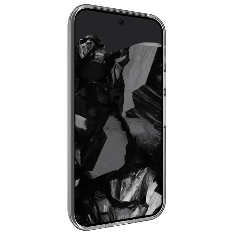 Ein Google Pixel 9 Pro XL von Cover-Discount, schräg abgebildet mit einem abstrakten schwarz-grauen Bildschirm, wird durch eine transparente Silikon-Gummi-Hülle geschützt, die Schutz vor Fingerabdrücken bietet.