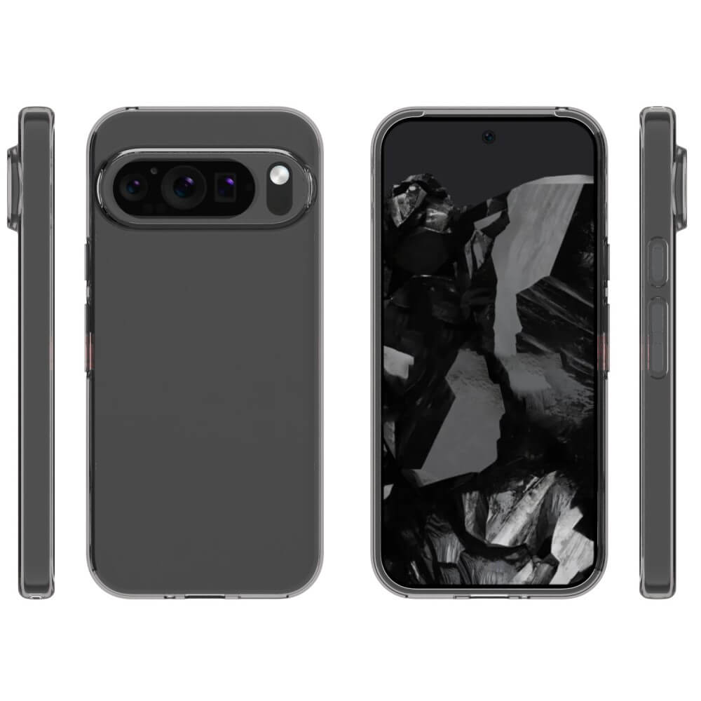 Das Google Pixel 9 Pro XL wird aus allen Blickwinkeln mit einem dunklen abstrakten Hintergrundbild gezeigt, geschützt durch das transparente Silikon Gummi Case von Cover-Discount.