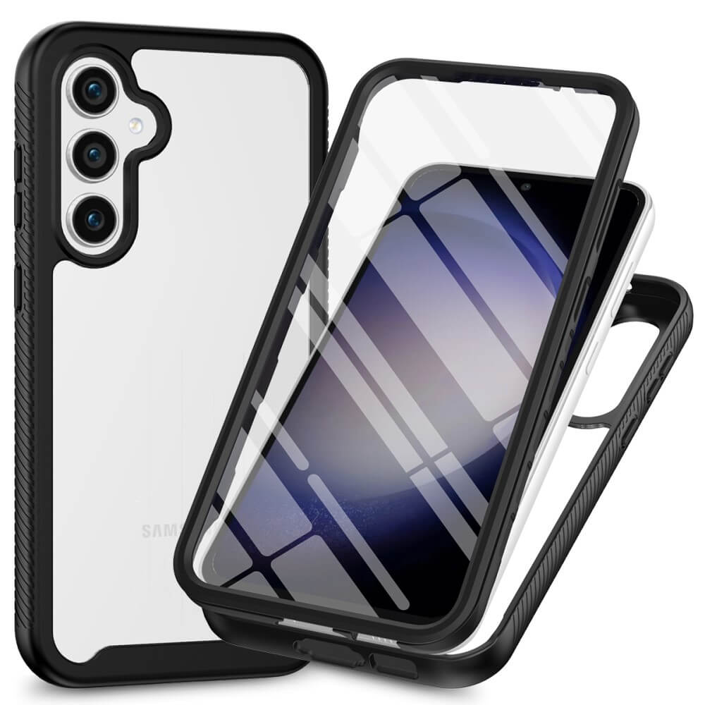 Die Cover-Discount Galaxy A55 – Full Protection Schutzhülle bietet robustes PC- und flexibles TPU-Design in Klar und Schwarz, zeigt Vorder- und Rückansichten mit Sicht auf das Kameraobjektiv und unterstützt kabelloses Aufladen für Samsung-Telefone.