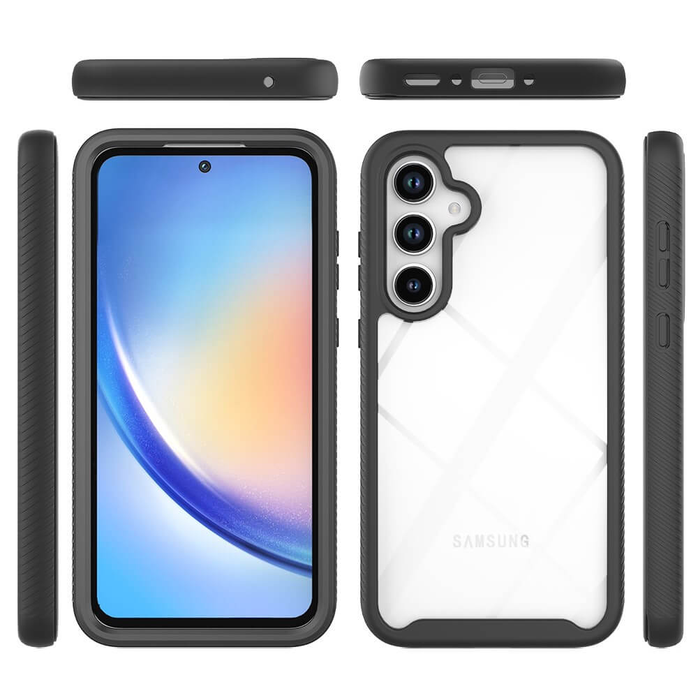 Cover-Discount Galaxy A55 - Full Protection Schutzhülle, Hybrid aus robustem PC und flexiblem TPU, schwarz-klar, unterstützt kabelloses Laden, auf weißem Hintergrund aus mehreren Blickwinkeln.
