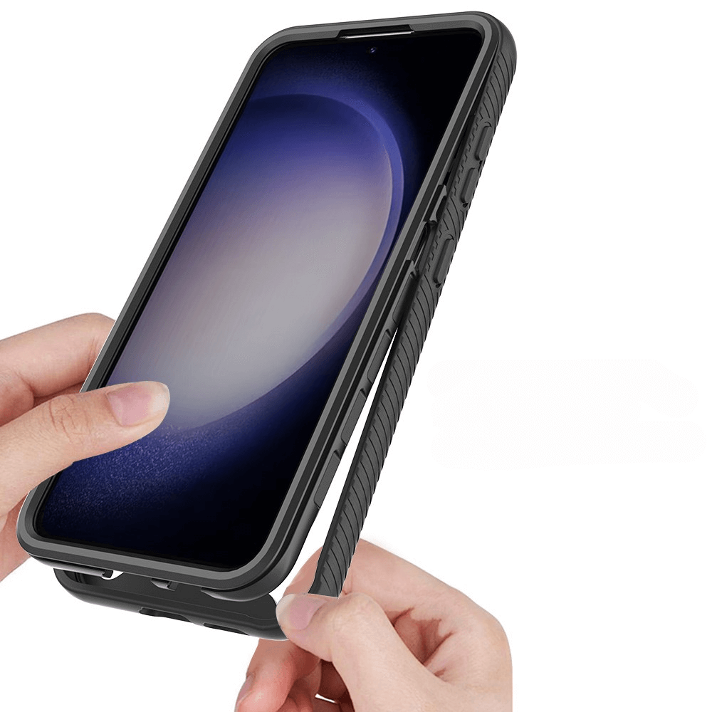 Legen Sie die Cover-Discount Galaxy A55 - Full Protection Schutzhülle einfach auf ein Smartphone mit dunklem Display und sorgen Sie so für stilvollen Schutz und kabelloses Aufladen.