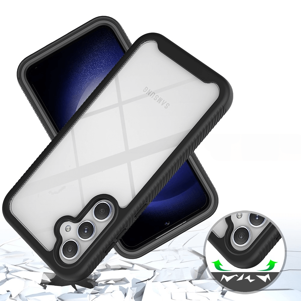 Zwei Galaxy A55 Full Protection Schutzhüllen von Cover-Discount aus robustem PC und flexiblem TPU bieten Rundum-Stoßfestigkeit und erhöhten Kameraschutz in robusten schwarzen Hüllen.