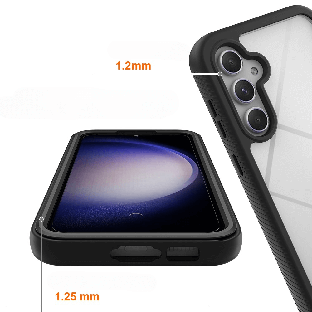 Nahaufnahme der Cover-Discount Galaxy A55 - Full Protection Schutzhülle in Schwarz, gefertigt aus robustem PC + flexiblem TPU. Kamera- und Displayränder messen 1,2 mm bzw. 1,25 mm. Unterstützt kabelloses Laden.