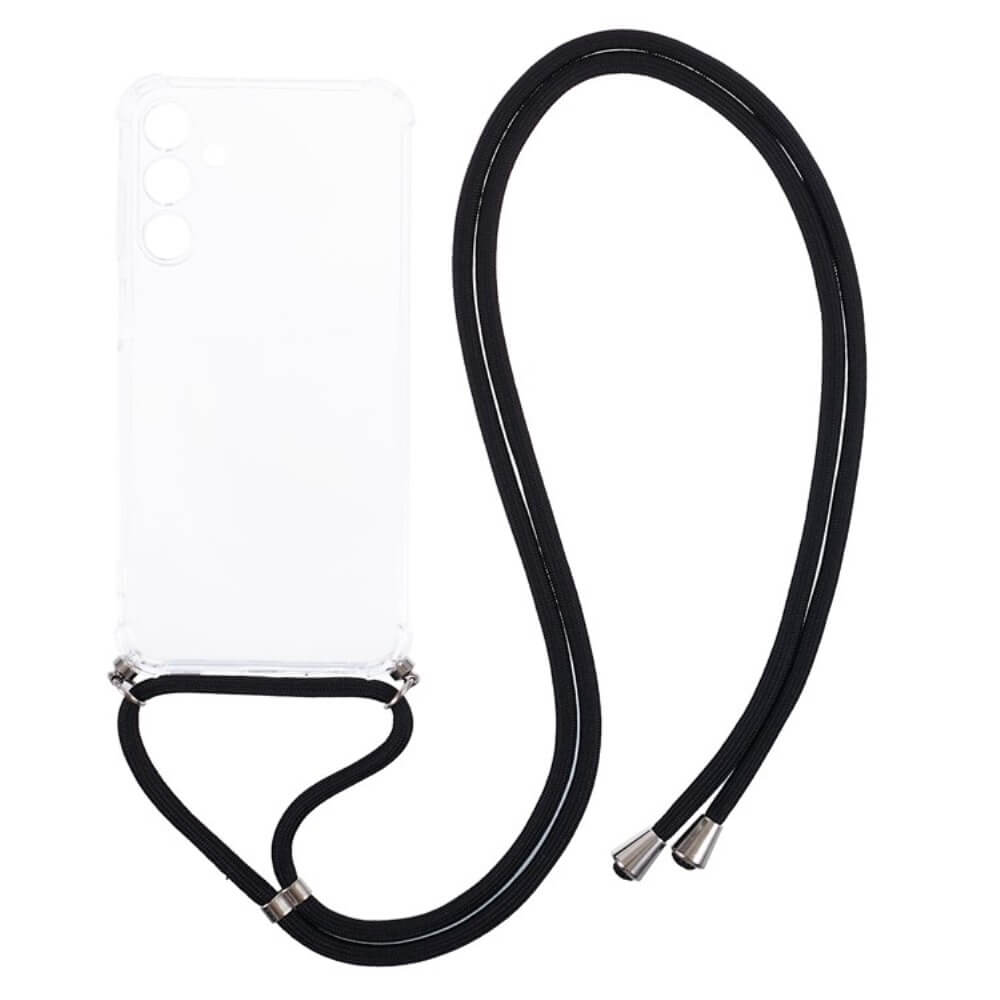 Die Cover-Discount Galaxy A55 – Hülle mit Umhängeband ist eine durchsichtige TPU-Hülle mit einem schwarzen Umhängeband und silbernen Metallenden auf weißem Hintergrund – perfekt für einen stilvollen, modernen Look.