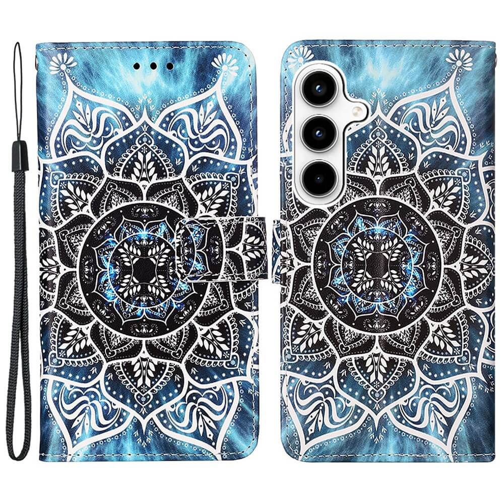 Die Cover-Discount Galaxy A35 Tasche Hülle mit Motiv verfügt über ein blau-weißes Mandala, einen praktischen Trageriemen, einen Kameraausschnitt auf der rechten Seite und Kartenfächer für wichtige Utensilien.