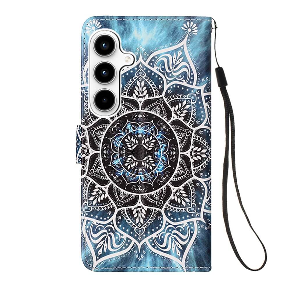 Die Cover-Discount Galaxy A35 - Tasche Hülle mit Motiv in Blau-Schwarz bietet ein Mandala-Design, eine praktische Handschlaufe, drei Kameraausschnitte und Kartenfächer für deine wichtigsten Utensilien.