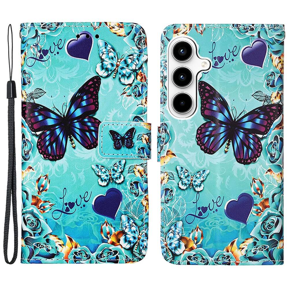 Die Cover-Discount Galaxy A35 - Tasche Hülle mit Motiv zeigt blaue Schmetterlinge, Herzen, Rosen und "Love" in Schreibschrift. Inklusive Kartenfach und Handgelenkriemen - praktisch und stylisch für Ihr Samsung Galaxy A35.