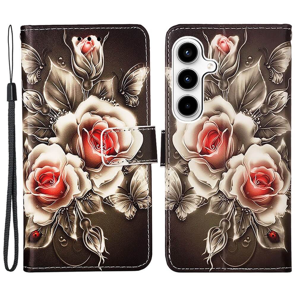 Die Cover-Discount Galaxy A35 - Tasche Hülle mit pink-weißen Rosen, Schmetterlingen, Handriemen und Kartenfächern auf dunklem Hintergrund - stilvoller Schutz für Ihr Smartphone.