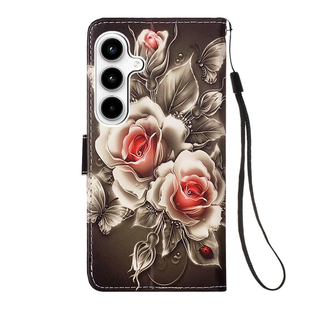 Die Cover-Discount Galaxy A35 - Tasche Hülle mit Motiv zeigt pinke Rosen, Schmetterlinge und einen Marienkäfer. Mit schwarzer Handschlaufe bietet sie Stil und Funktionalität für dein Smartphone.
