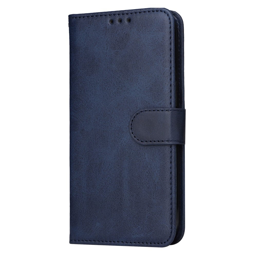 Elegante dunkelblaue Lederbörse mit Klapphülle und Magnetverschluss, passend für Smartphones.